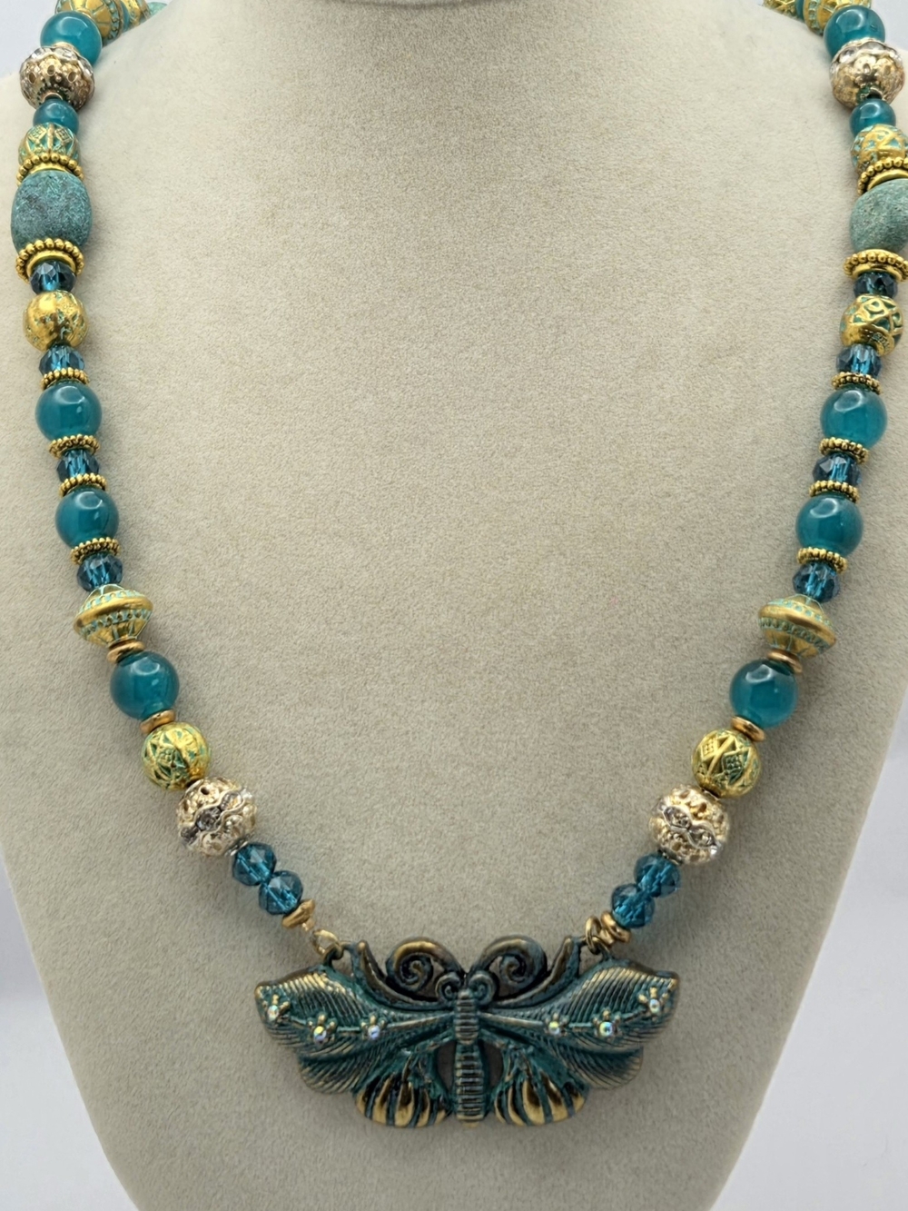 Artisan Verdigris Butterfly Statement Necklace Teal & Gold 20"